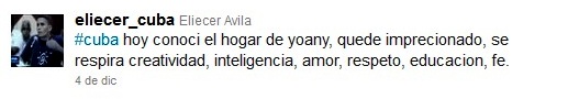Tweet de Eliécer Ávila donde se declara "imprecionado" por Yoani Sánchez