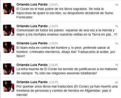 Insultos contra el Islam de Orlando Luis Pardo Lazo desde su cuenta en Twitter.