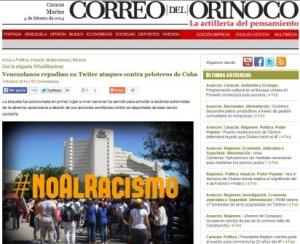 Artículo del diario "Correo del Orinoco, describe rechazo en Twitter a la agresión contra los peloteros cubanos