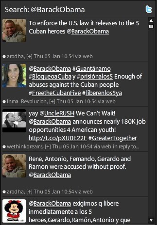 Mensajes dirigidos a Obama reclamando la libertad de los cinco antiterroristas cubanos en la Red social Twitter este 5 de enero
