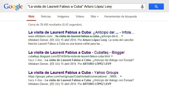 Infolatam aparece como el primero de los resultados de Google para el artículo de López Levy. 