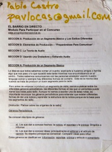 Bases de "El Barrio en directo" con el email de Pabñlo Castro. 